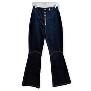 Ellery Dark Wash Denim Contrast Stitch High Waist Boho Designer Flare Jeans 27